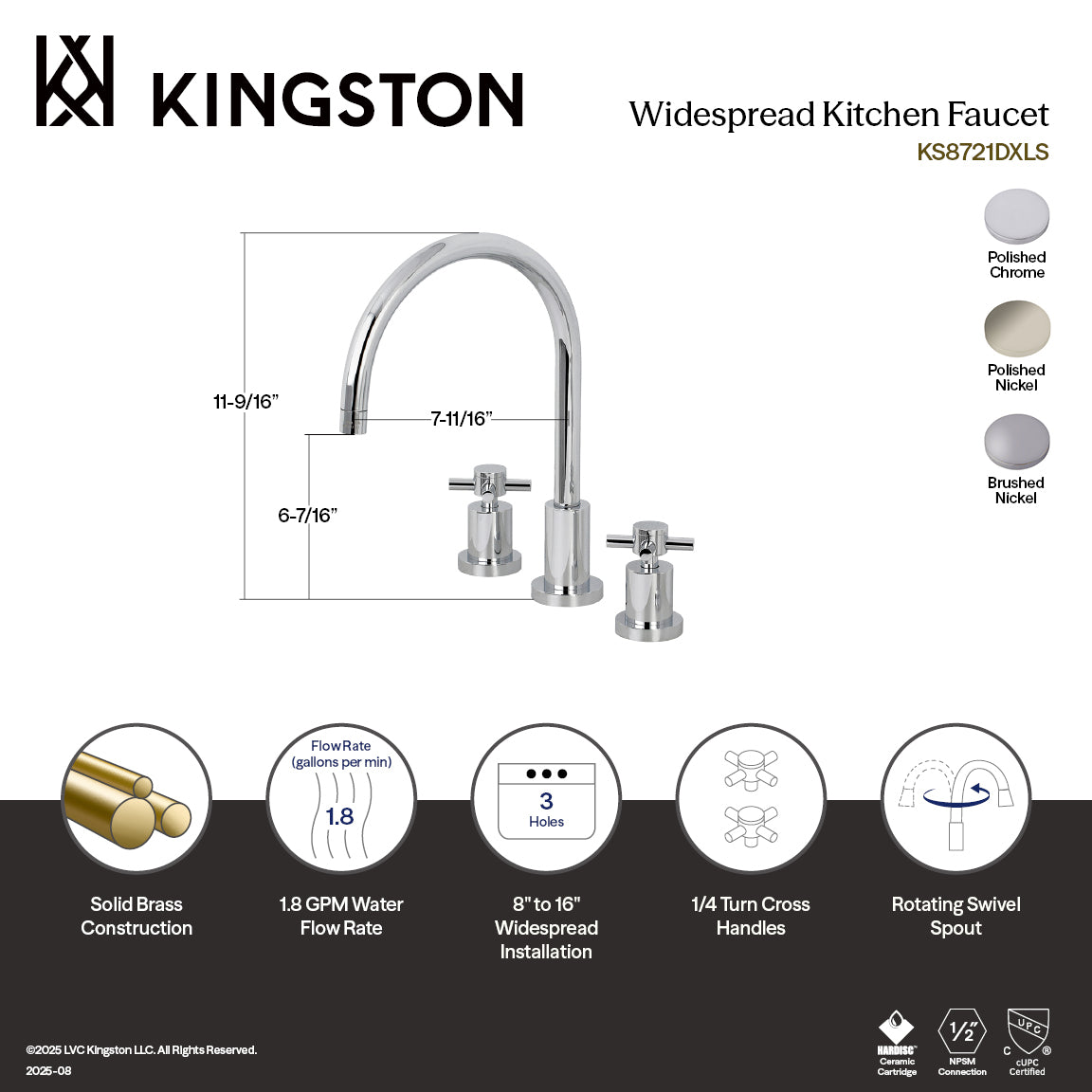 Kingston Sona KS8726DXLS - Concord Double-Handle 3-Hole Widespread Kitchen Faucet, Polished Nickel — thumbnail 2